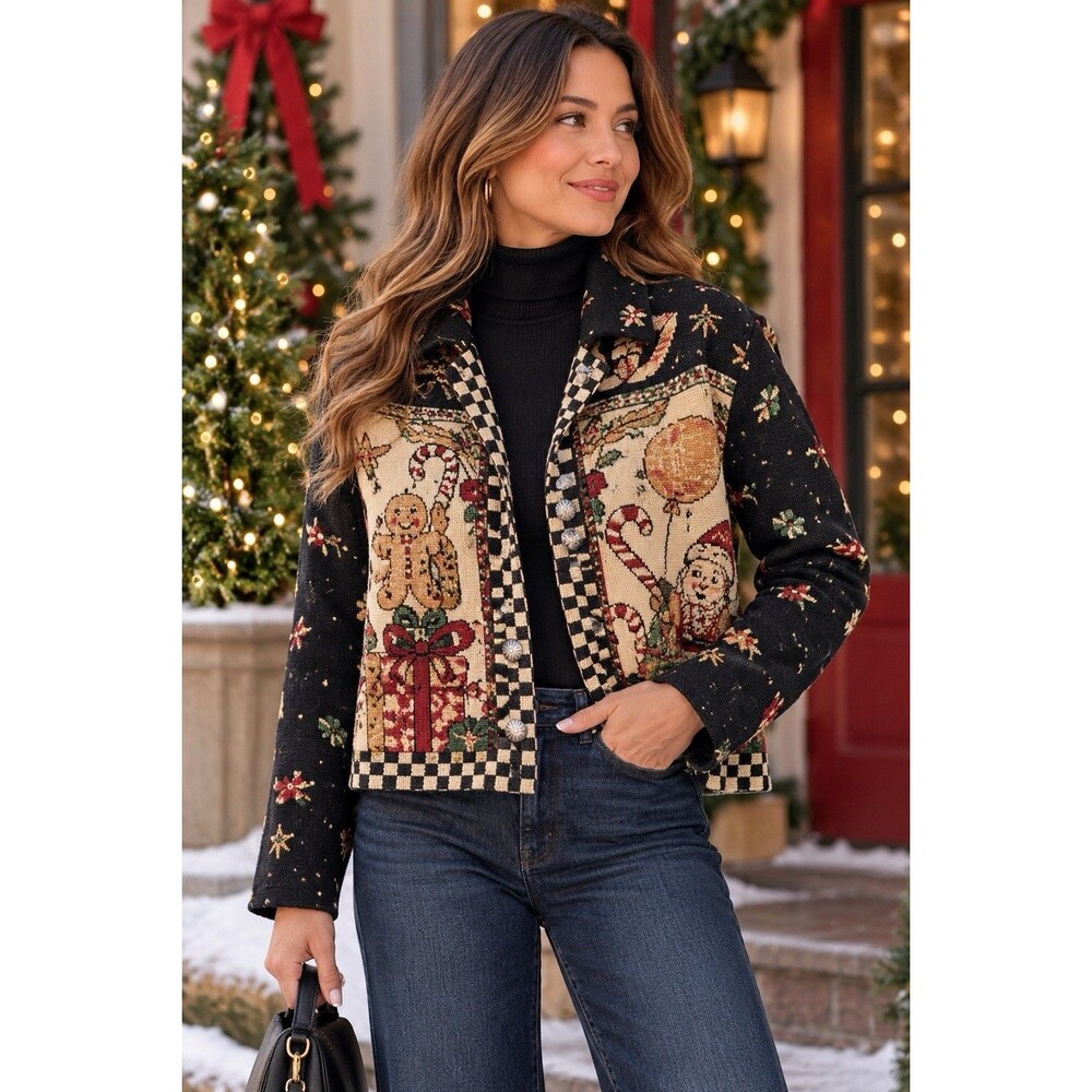 Vintage Painted Pony Christmas Tapestry Jacket S/M Gingerbread Candy Cane USA